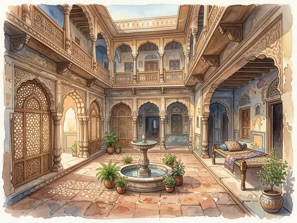 Illustration of an Indian senior care home with haveli-style courtyard